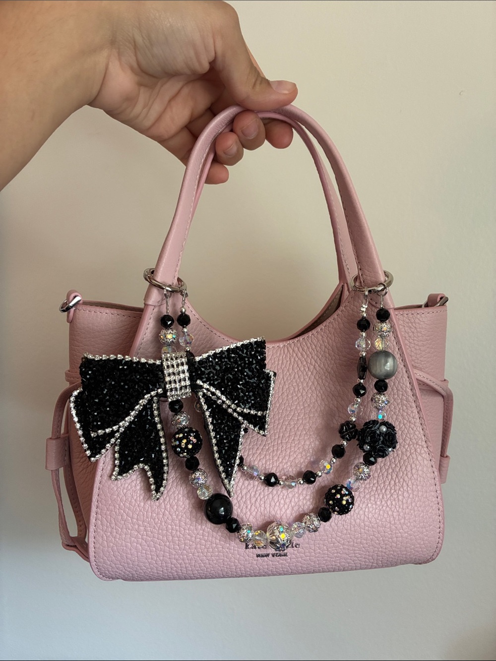 Black Crystal Bow Bag Charm Beaded Bag Chain